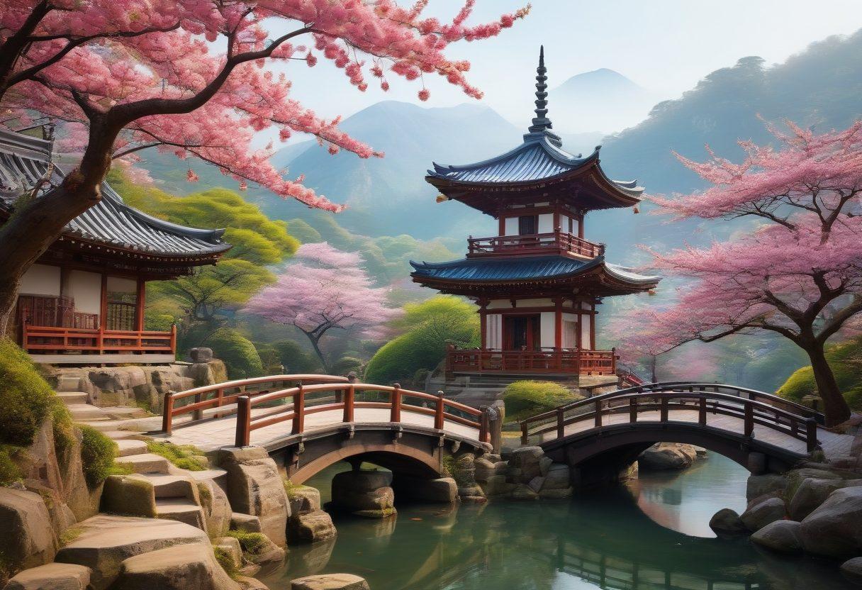 Create a captivating scene depicting a mesmerizing fantasy world filled with ethereal landscapes and enchanting characters inspired by aesthetic hentai art. Include vivid colors, whimsical elements like flowing cherry blossoms and mystical creatures, all set against a backdrop of traditional Japanese architecture. Emphasize the characters with expressive faces and intricate costumes, blending allure with artistry. Highlight the beauty and charm of the aesthetics while maintaining a sense of wonder. vibrant colors. super-realistic. anime-inspired.